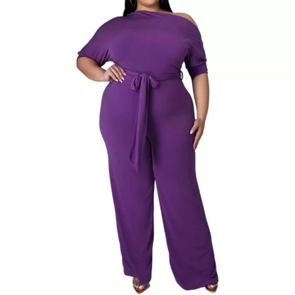 IyMoo Womens Plus Size Wide Leg Slanted One Shoulder Belted Straight Jumpsuits PlaysuitsPurple