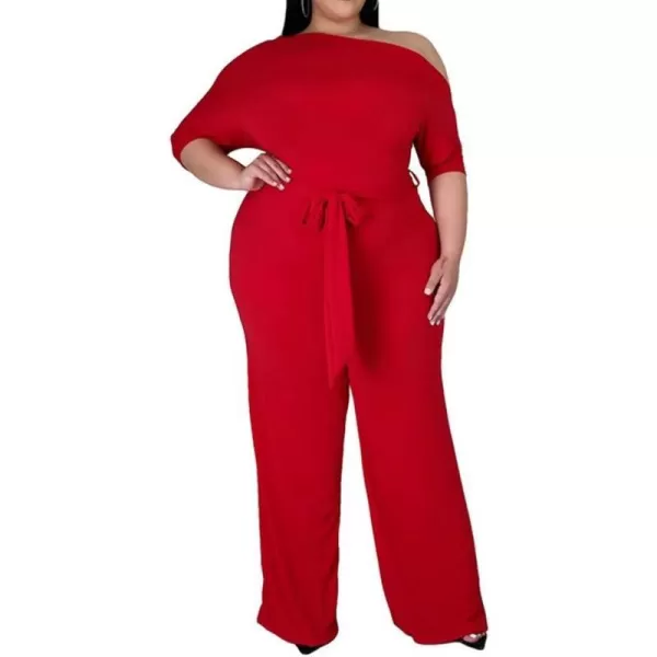 IyMoo Womens Plus Size Wide Leg Slanted One Shoulder Belted Straight Jumpsuits PlaysuitsRed