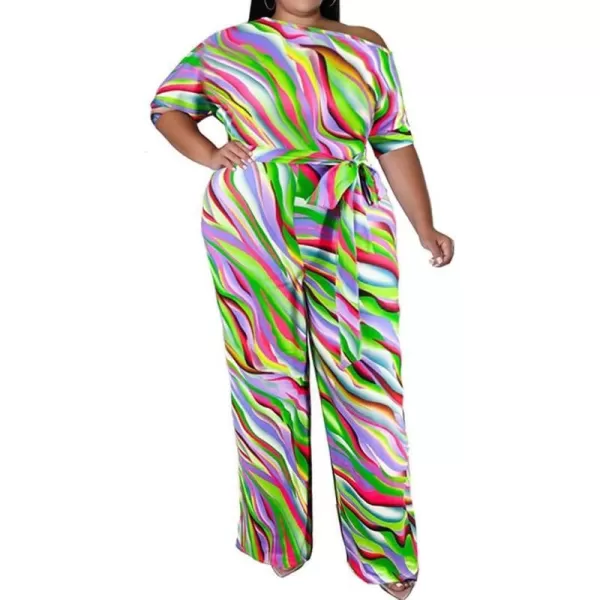 IyMoo Womens Plus Size Wide Leg Slanted One Shoulder Belted Straight Jumpsuits PlaysuitsRed Stripe