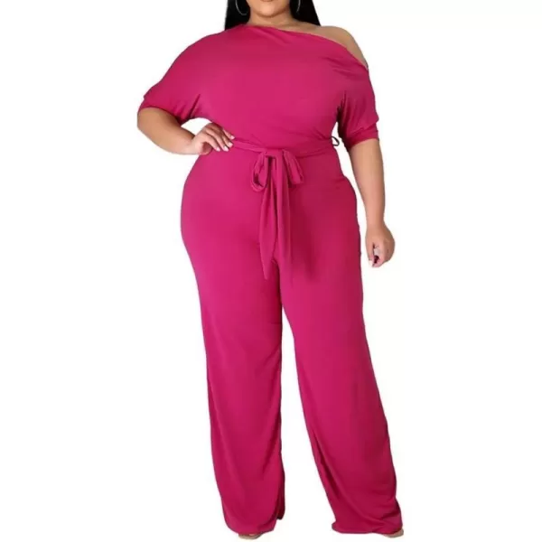 IyMoo Womens Plus Size Wide Leg Slanted One Shoulder Belted Straight Jumpsuits PlaysuitsRose Red