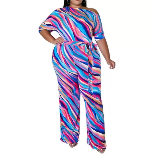 IyMoo Womens Plus Size Wide Leg Slanted One Shoulder Belted Straight Jumpsuits PlaysuitsRose Red Stripe