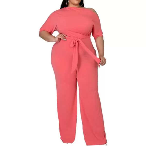 IyMoo Womens Plus Size Wide Leg Slanted One Shoulder Belted Straight Jumpsuits PlaysuitsWatermelon Red