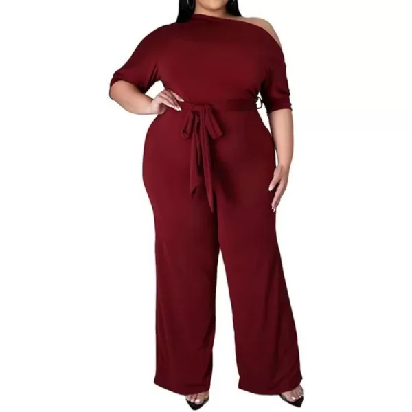 IyMoo Womens Plus Size Wide Leg Slanted One Shoulder Belted Straight Jumpsuits PlaysuitsWine Red