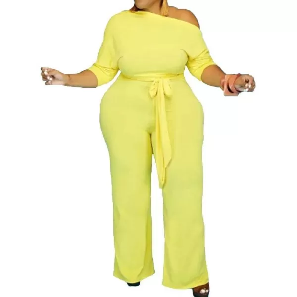 IyMoo Womens Plus Size Wide Leg Slanted One Shoulder Belted Straight Jumpsuits PlaysuitsYellow
