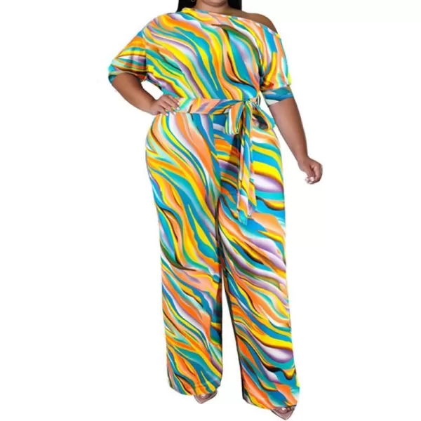 IyMoo Womens Plus Size Wide Leg Slanted One Shoulder Belted Straight Jumpsuits PlaysuitsYellow Stripe