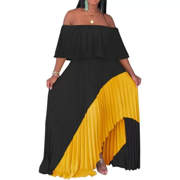 IyMoo Womens Sexy Chiffon Sundress Off Shoulder Ombre Tie Dye Pleated Skirts Long Boho Beach Maxi DressBlack