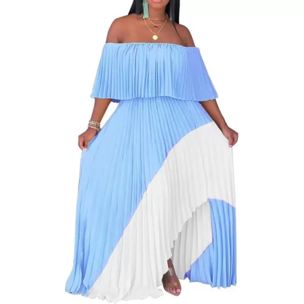 IyMoo Womens Sexy Chiffon Sundress Off Shoulder Ombre Tie Dye Pleated Skirts Long Boho Beach Maxi DressBlue
