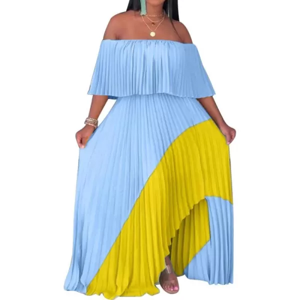 IyMoo Womens Sexy Chiffon Sundress Off Shoulder Ombre Tie Dye Pleated Skirts Long Boho Beach Maxi DressBlue Yellow