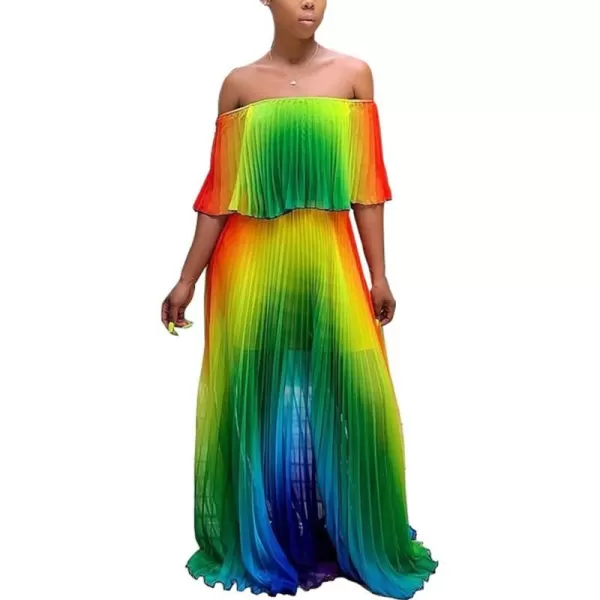 IyMoo Womens Sexy Chiffon Sundress Off Shoulder Ombre Tie Dye Pleated Skirts Long Boho Beach Maxi DressGreen