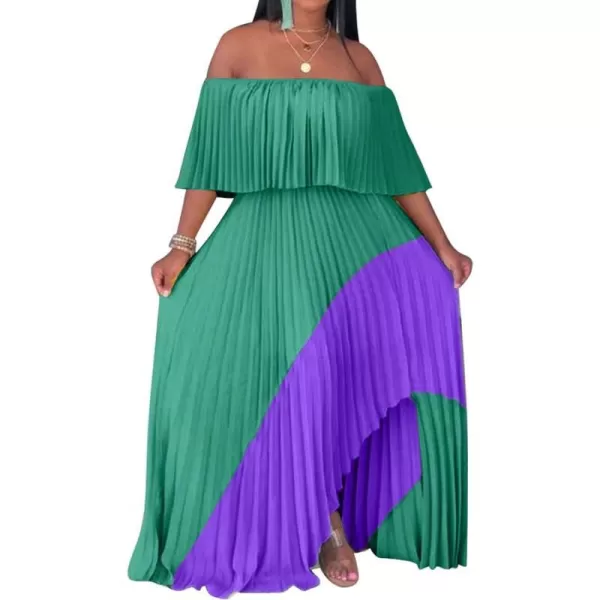 IyMoo Womens Sexy Chiffon Sundress Off Shoulder Ombre Tie Dye Pleated Skirts Long Boho Beach Maxi DressGreen Purple
