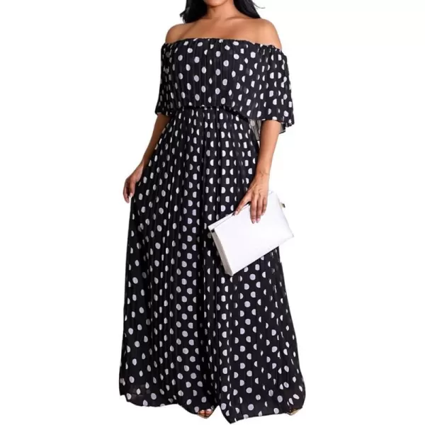 IyMoo Womens Sexy Chiffon Sundress Off Shoulder Ombre Tie Dye Pleated Skirts Long Boho Beach Maxi DressPolka Dot Black