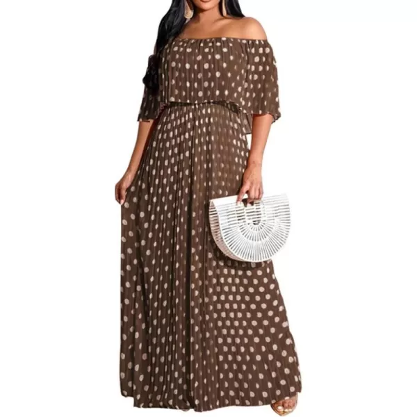 IyMoo Womens Sexy Chiffon Sundress Off Shoulder Ombre Tie Dye Pleated Skirts Long Boho Beach Maxi DressPolka Dot Coffee