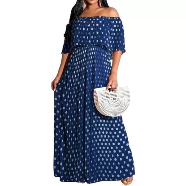 IyMoo Womens Sexy Chiffon Sundress Off Shoulder Ombre Tie Dye Pleated Skirts Long Boho Beach Maxi DressPolka Dot Navy Blue