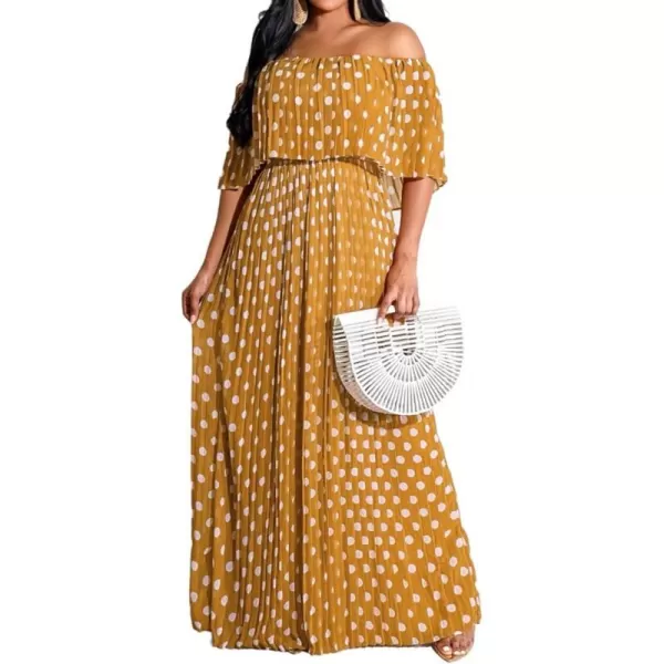 IyMoo Womens Sexy Chiffon Sundress Off Shoulder Ombre Tie Dye Pleated Skirts Long Boho Beach Maxi DressPolka Dot Orange Yellow
