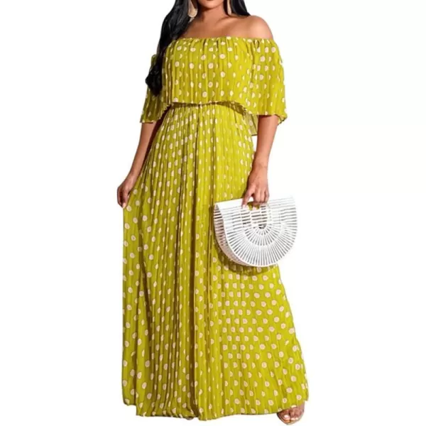 IyMoo Womens Sexy Chiffon Sundress Off Shoulder Ombre Tie Dye Pleated Skirts Long Boho Beach Maxi DressPolka Dot Yellow