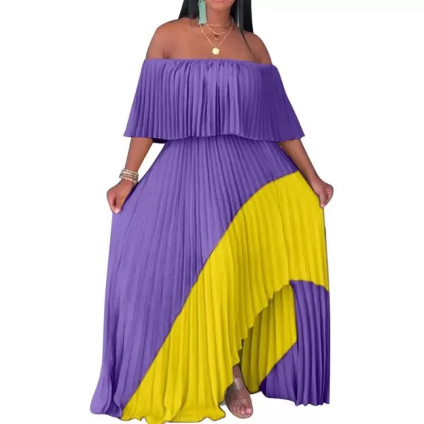 IyMoo Womens Sexy Chiffon Sundress Off Shoulder Ombre Tie Dye Pleated Skirts Long Boho Beach Maxi DressPurple Yellow