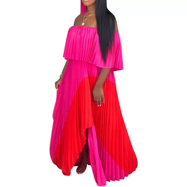 IyMoo Womens Sexy Chiffon Sundress Off Shoulder Ombre Tie Dye Pleated Skirts Long Boho Beach Maxi DressRose Red