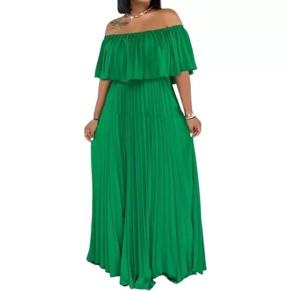 IyMoo Womens Sexy Chiffon Sundress Off Shoulder Ombre Tie Dye Pleated Skirts Long Boho Beach Maxi DressSolid Green