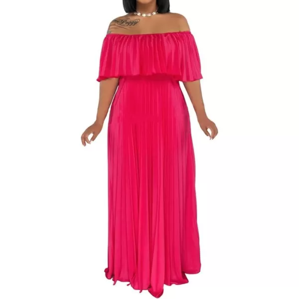 IyMoo Womens Sexy Chiffon Sundress Off Shoulder Ombre Tie Dye Pleated Skirts Long Boho Beach Maxi DressSolid Rose Red