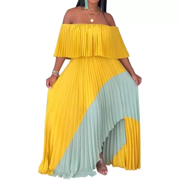 IyMoo Womens Sexy Chiffon Sundress Off Shoulder Ombre Tie Dye Pleated Skirts Long Boho Beach Maxi DressYellowlight Blue