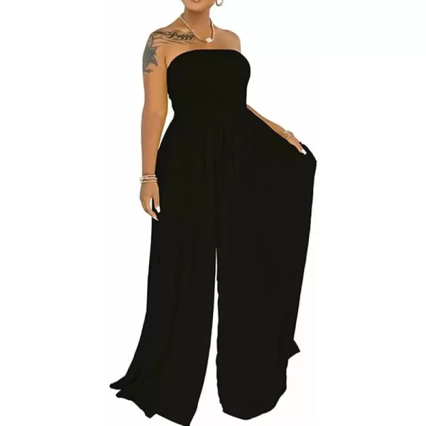 IyMoo Womens Sexy Off Shoulder Strapless Loose Wide Leg Jumpsuit Long Romper with Pockets083 Black
