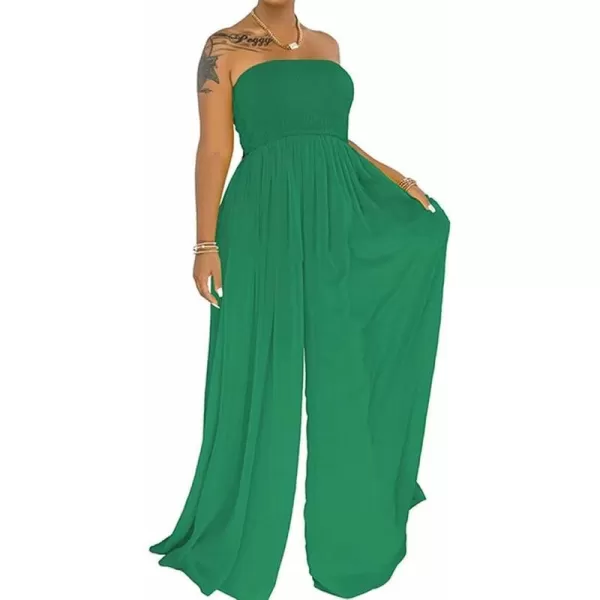 IyMoo Womens Sexy Off Shoulder Strapless Loose Wide Leg Jumpsuit Long Romper with Pockets083 Green