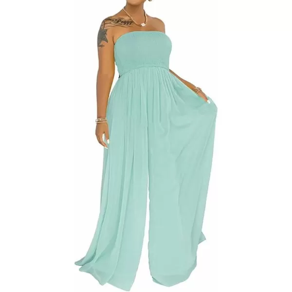 IyMoo Womens Sexy Off Shoulder Strapless Loose Wide Leg Jumpsuit Long Romper with Pockets083 Light Blue