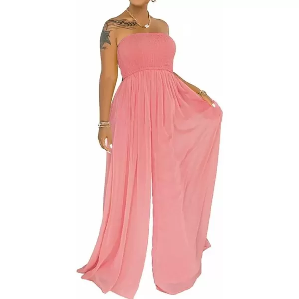 IyMoo Womens Sexy Off Shoulder Strapless Loose Wide Leg Jumpsuit Long Romper with Pockets083 Pink
