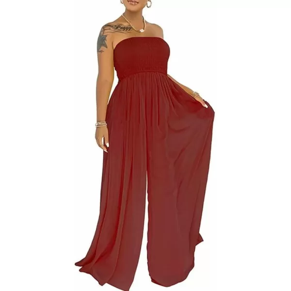 IyMoo Womens Sexy Off Shoulder Strapless Loose Wide Leg Jumpsuit Long Romper with Pockets083 Red