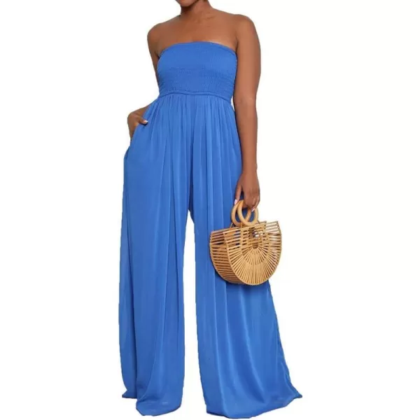 IyMoo Womens Sexy Off Shoulder Strapless Loose Wide Leg Jumpsuit Long Romper with PocketsBlue