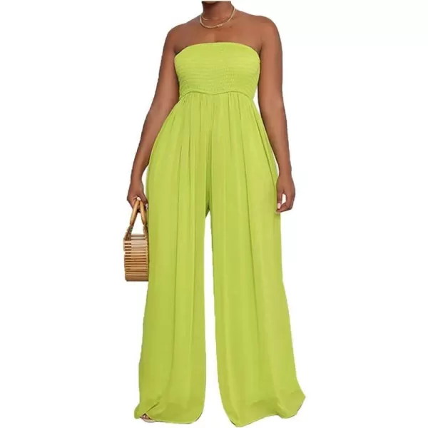 IyMoo Womens Sexy Off Shoulder Strapless Loose Wide Leg Jumpsuit Long Romper with PocketsGreen