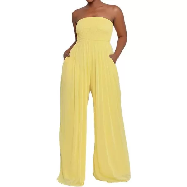 IyMoo Womens Sexy Off Shoulder Strapless Loose Wide Leg Jumpsuit Long Romper with PocketsYellow