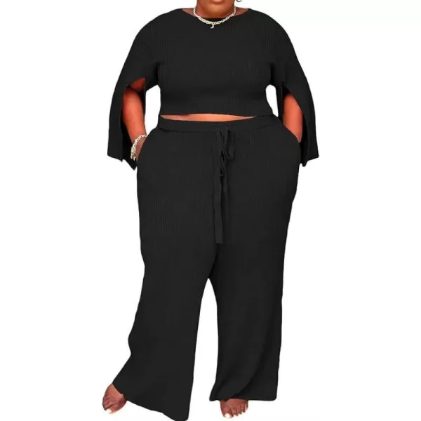 IyMoo Womens Sexy Plus Size 2 Piece Jumpsuit Outfits  Ribbed Slit Half Sleeve Crop Tops  Pockets Wide Leg Pants Party SetsBlack