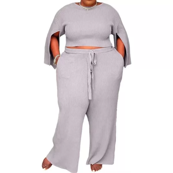 IyMoo Womens Sexy Plus Size 2 Piece Jumpsuit Outfits  Ribbed Slit Half Sleeve Crop Tops  Pockets Wide Leg Pants Party SetsGray