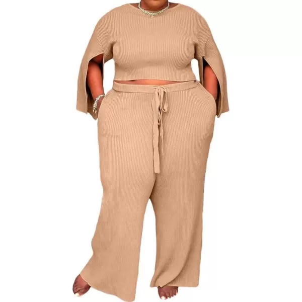 IyMoo Womens Sexy Plus Size 2 Piece Jumpsuit Outfits  Ribbed Slit Half Sleeve Crop Tops  Pockets Wide Leg Pants Party SetsKhaki