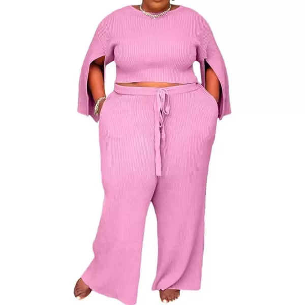 IyMoo Womens Sexy Plus Size 2 Piece Jumpsuit Outfits  Ribbed Slit Half Sleeve Crop Tops  Pockets Wide Leg Pants Party SetsPink