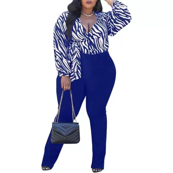 IyMoo Womens Sexy Plus Size 2 Piece Jumpsuits Outfits Long Sleeve Stripe Wrap Crop Tops Bodyocn Flare Pants with SlitBlue