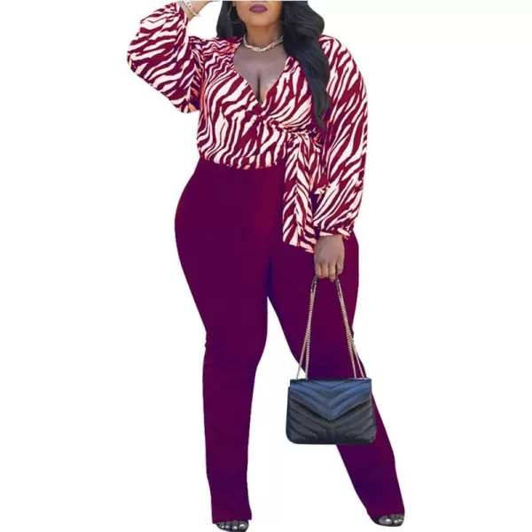 IyMoo Womens Sexy Plus Size 2 Piece Jumpsuits Outfits Long Sleeve Stripe Wrap Crop Tops Bodyocn Flare Pants with SlitWine Red