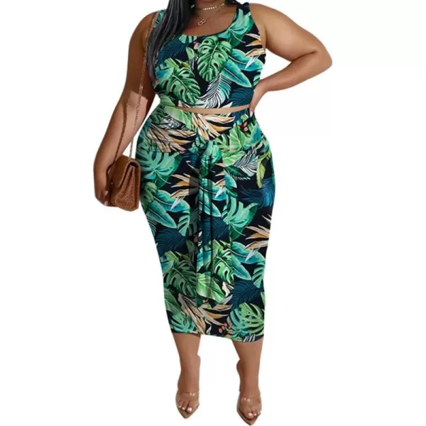 IyMoo Womens Sexy Plus Size 2 Piece Midi Dress Outfits  Sleeveless Tie Dye Print Tank Crop Top Bodycon Skirts Set817 Green