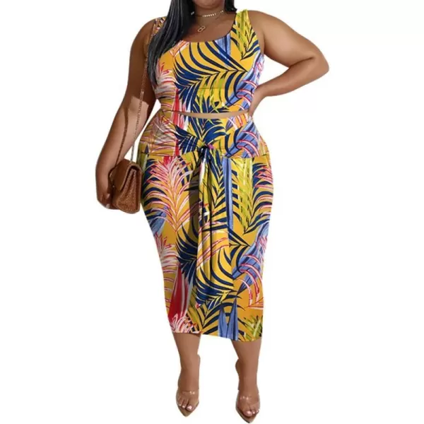 IyMoo Womens Sexy Plus Size 2 Piece Midi Dress Outfits  Sleeveless Tie Dye Print Tank Crop Top Bodycon Skirts Set817 Yellow