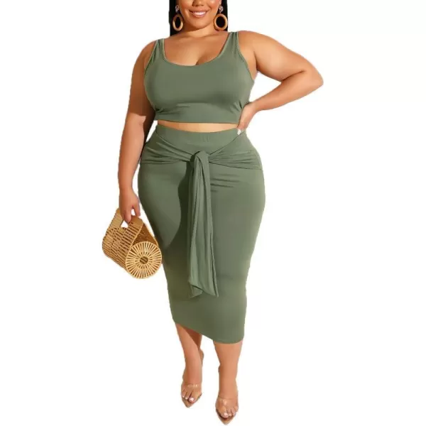 IyMoo Womens Sexy Plus Size 2 Piece Midi Dress Outfits  Sleeveless Tie Dye Print Tank Crop Top Bodycon Skirts SetArmy Green Solid
