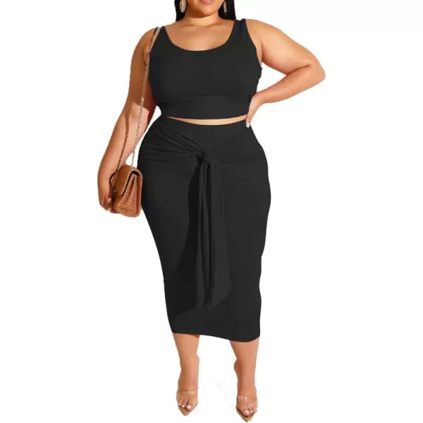IyMoo Womens Sexy Plus Size 2 Piece Midi Dress Outfits  Sleeveless Tie Dye Print Tank Crop Top Bodycon Skirts SetBlack Solid