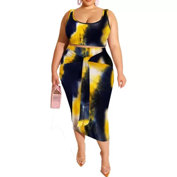 IyMoo Womens Sexy Plus Size 2 Piece Midi Dress Outfits  Sleeveless Tie Dye Print Tank Crop Top Bodycon Skirts SetBlack Yellow1