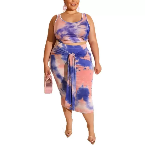 IyMoo Womens Sexy Plus Size 2 Piece Midi Dress Outfits  Sleeveless Tie Dye Print Tank Crop Top Bodycon Skirts SetBlue