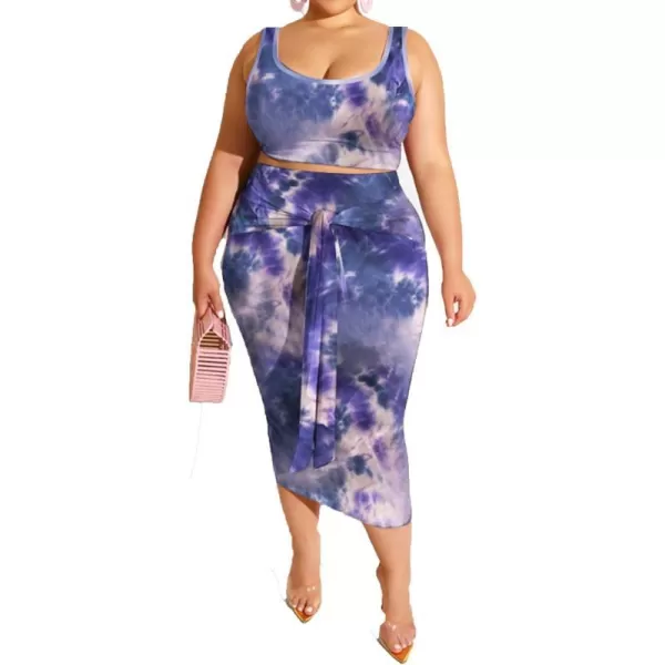 IyMoo Womens Sexy Plus Size 2 Piece Midi Dress Outfits  Sleeveless Tie Dye Print Tank Crop Top Bodycon Skirts SetBlue Gray1