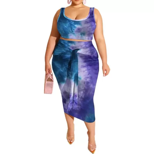 IyMoo Womens Sexy Plus Size 2 Piece Midi Dress Outfits  Sleeveless Tie Dye Print Tank Crop Top Bodycon Skirts SetBlue Green1