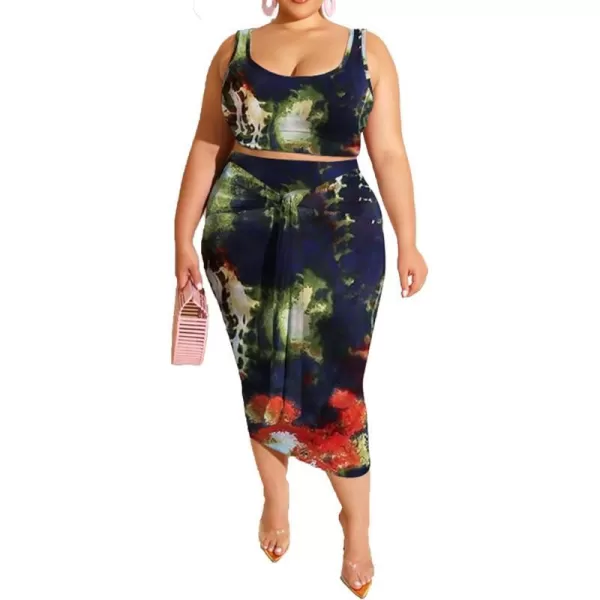 IyMoo Womens Sexy Plus Size 2 Piece Midi Dress Outfits  Sleeveless Tie Dye Print Tank Crop Top Bodycon Skirts SetCircle Blue1