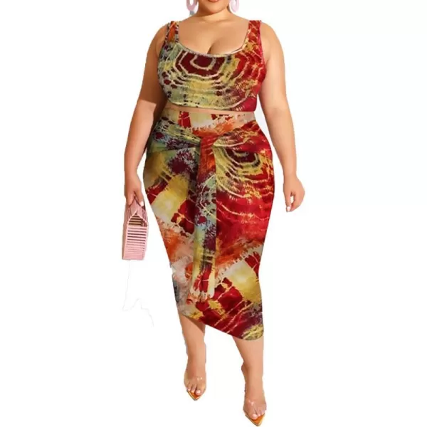 IyMoo Womens Sexy Plus Size 2 Piece Midi Dress Outfits  Sleeveless Tie Dye Print Tank Crop Top Bodycon Skirts SetCircle Red1