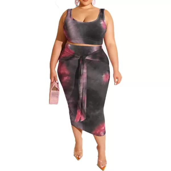 IyMoo Womens Sexy Plus Size 2 Piece Midi Dress Outfits  Sleeveless Tie Dye Print Tank Crop Top Bodycon Skirts SetCoffee1