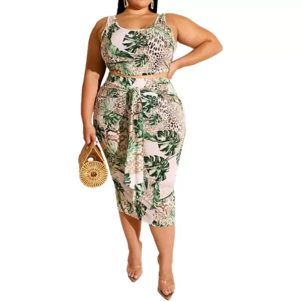 IyMoo Womens Sexy Plus Size 2 Piece Midi Dress Outfits  Sleeveless Tie Dye Print Tank Crop Top Bodycon Skirts SetGreen